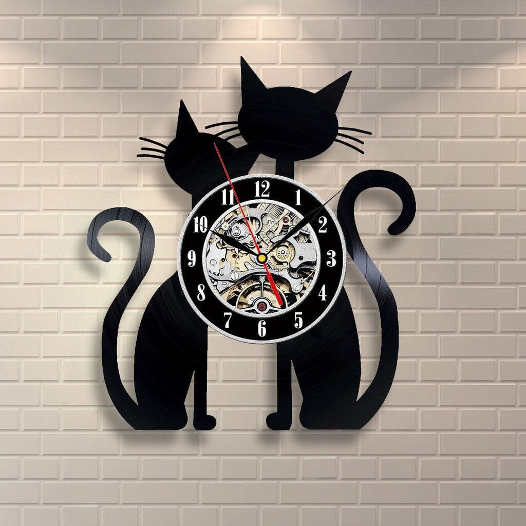 HKM-432467 Creative Cat Vinyl Record Wall Clock - Ultra Quiet Quartz Battery Operated Circular Design for Home Decor