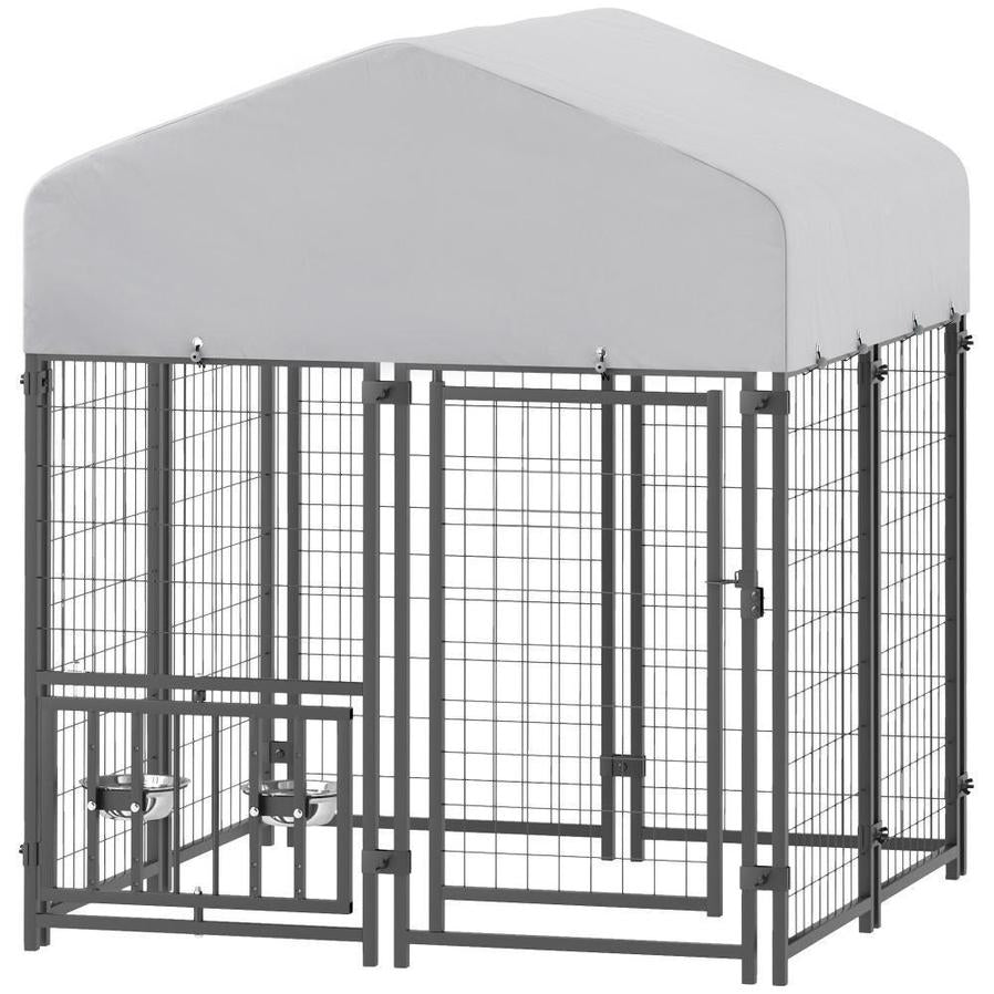 HKM-432851 Welded Wire Outdoor Dog Kennel with Adjustable Bowl Racks and Waterproof Cover, 47.2" X 47.2" X 54.3"