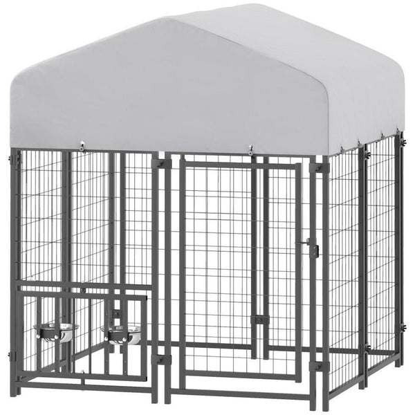 HKM-432851 Welded Wire Outdoor Dog Kennel with Adjustable Bowl Racks and Waterproof Cover, 47.2" X 47.2" X 54.3"