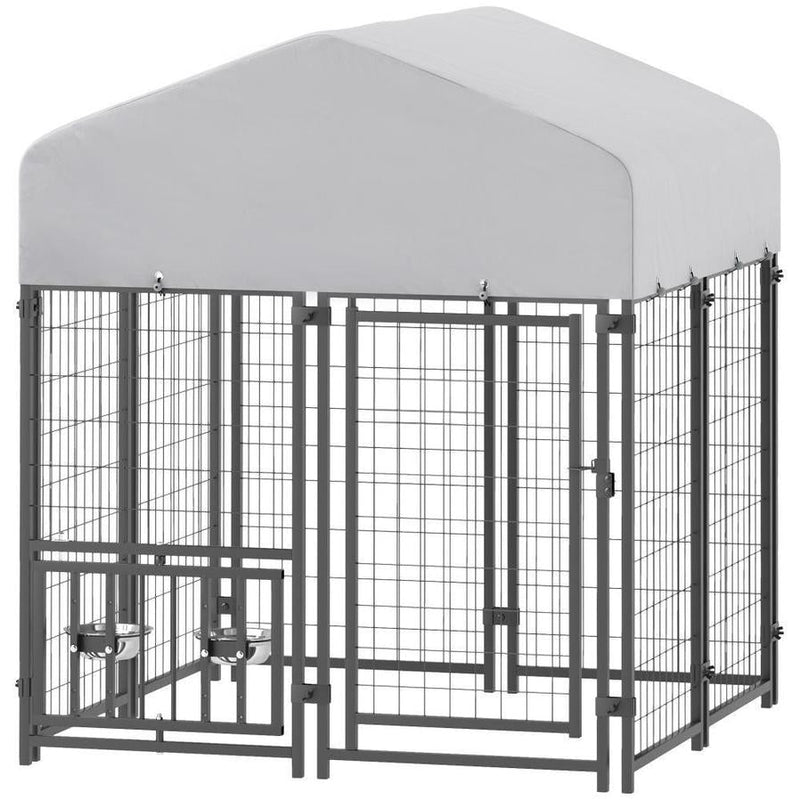 HKM-432851 Welded Wire Outdoor Dog Kennel with Adjustable Bowl Racks and Waterproof Cover, 47.2" X 47.2" X 54.3"