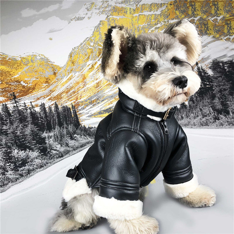 HKM-4328765 Thickened Velvet PU Leather Dog Jacket for Autumn Warmth, Casual Style
