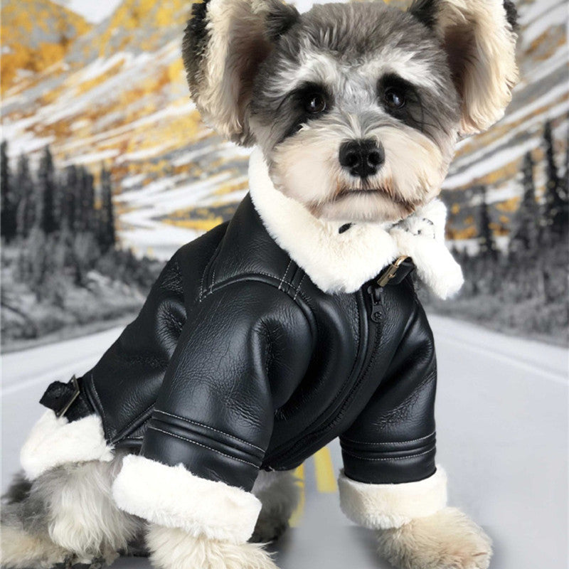 HKM-4328765 Thickened Velvet PU Leather Dog Jacket for Autumn Warmth, Casual Style