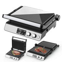 HKM-433043 Digital Glass Surface Smokeless Indoor Panini Grill - 180 Degrees Opening Contact Toaster
