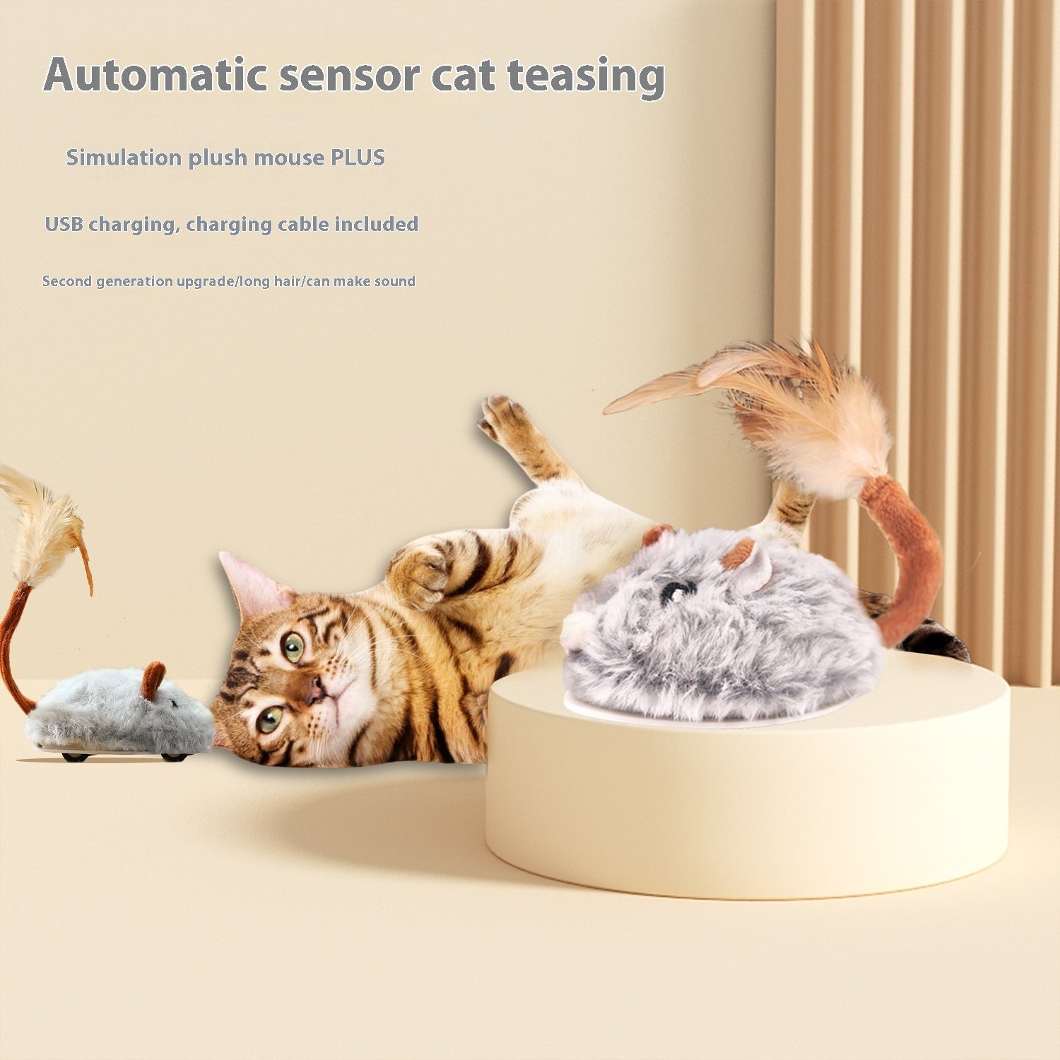 HKM-4331197 Interactive Plush Electric Mouse Cat Toy on a Pole for Self-Play and Stress Relief