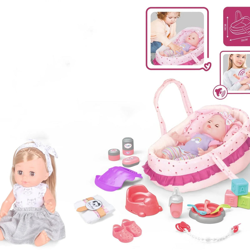 HKM-433363 14 Inch Vinyl Doll Nursing Hand Basket Set with Sounds and Accessories for Kids