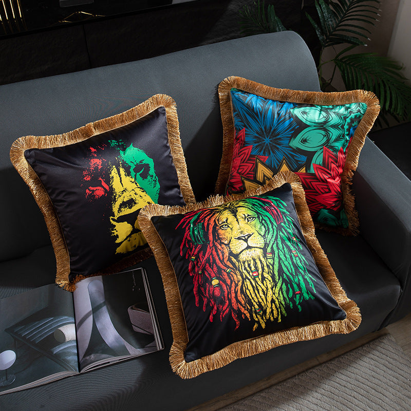 HKM-433491 Leopard and Floral Abstract Pattern Artificial Silk Pillowcase with Tassel Detail, 45x45cm