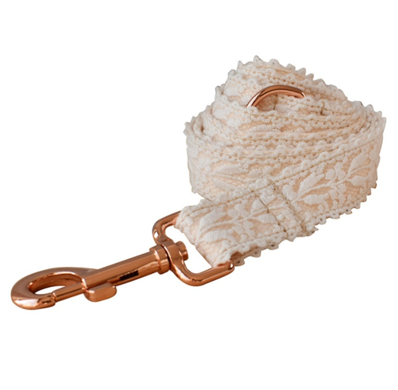 HKM-4337981 Lace Dog Collar with Bow and Metal Buckle - Adjustable Cotton Leash Set
