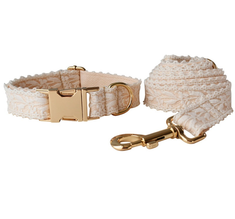 HKM-4337981 Lace Dog Collar with Bow and Metal Buckle - Adjustable Cotton Leash Set
