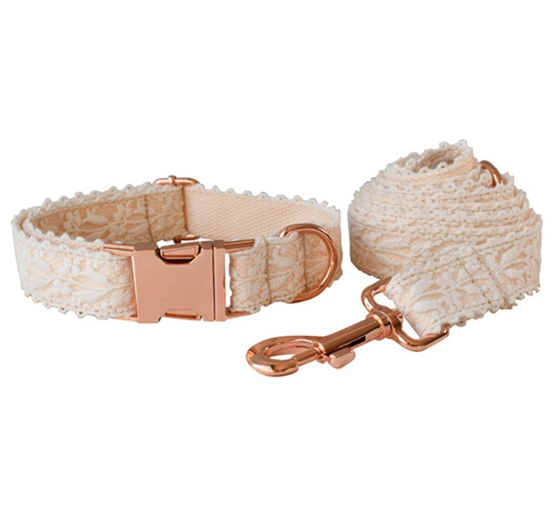 HKM-4337981 Lace Dog Collar with Bow and Metal Buckle - Adjustable Cotton Leash Set
