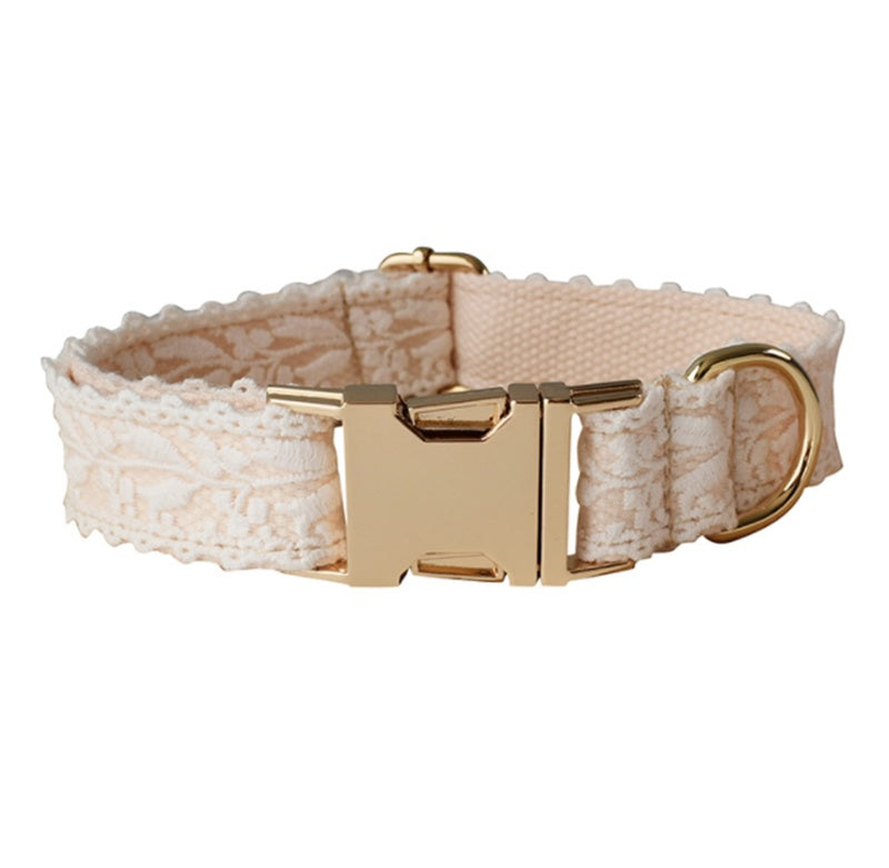 HKM-4337981 Lace Dog Collar with Bow and Metal Buckle - Adjustable Cotton Leash Set