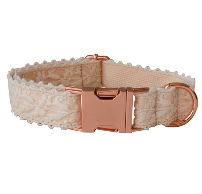 HKM-4337981 Lace Dog Collar with Bow and Metal Buckle - Adjustable Cotton Leash Set
