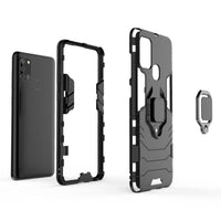 HKM-433939 Samsung A21S Compatible Steel Ring Bracket Phone Case in Pure Black, Blue-Black, and Wine Red