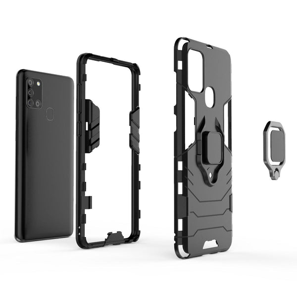 HKM-433939 Samsung A21S Compatible Steel Ring Bracket Phone Case in Pure Black, Blue-Black, and Wine Red