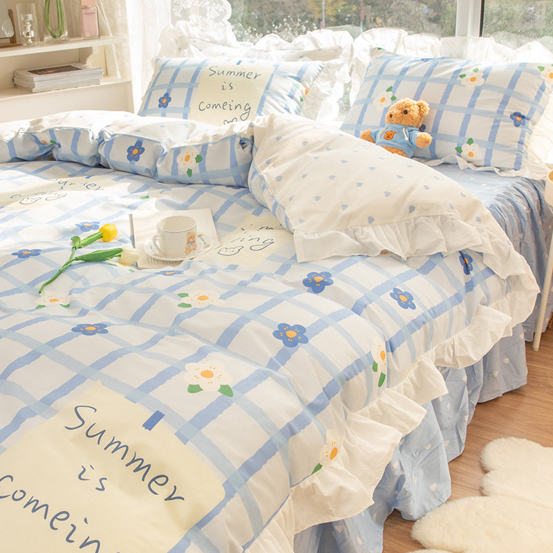 HKM-434003 Korean Style 100% Cotton Four-Piece Bed Skirt Set with Floral and Animal Patterns