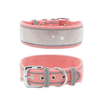 HKM-4343869 Suede Reflective Dog Collar with Comfortable Hand Holding Rope in Multiple Rhinestone Colors