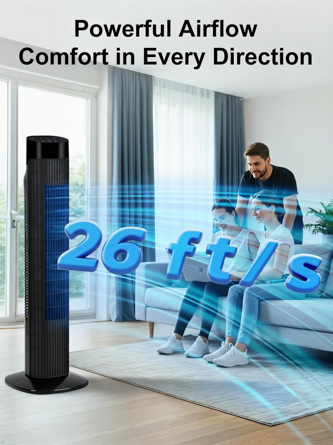 HKM-4345171 Portable Oscillating Tower Fan with Remote, 120° Cooling, 3 Speeds & Modes, 7.5-Hour Timer, Quiet Operation, Black