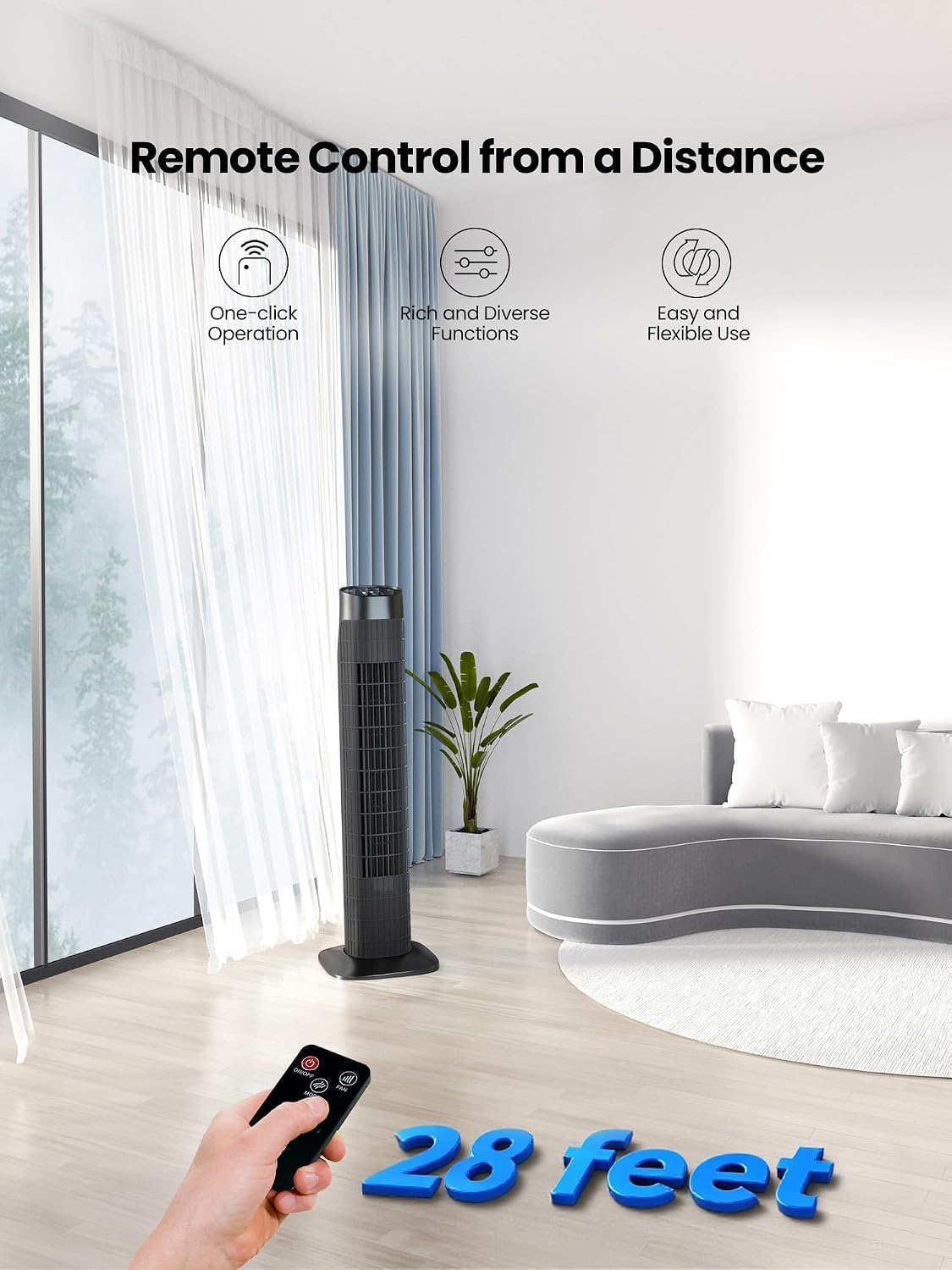 HKM-4345171 Portable Oscillating Tower Fan with Remote, 120° Cooling, 3 Speeds & Modes, 7.5-Hour Timer, Quiet Operation, Black
