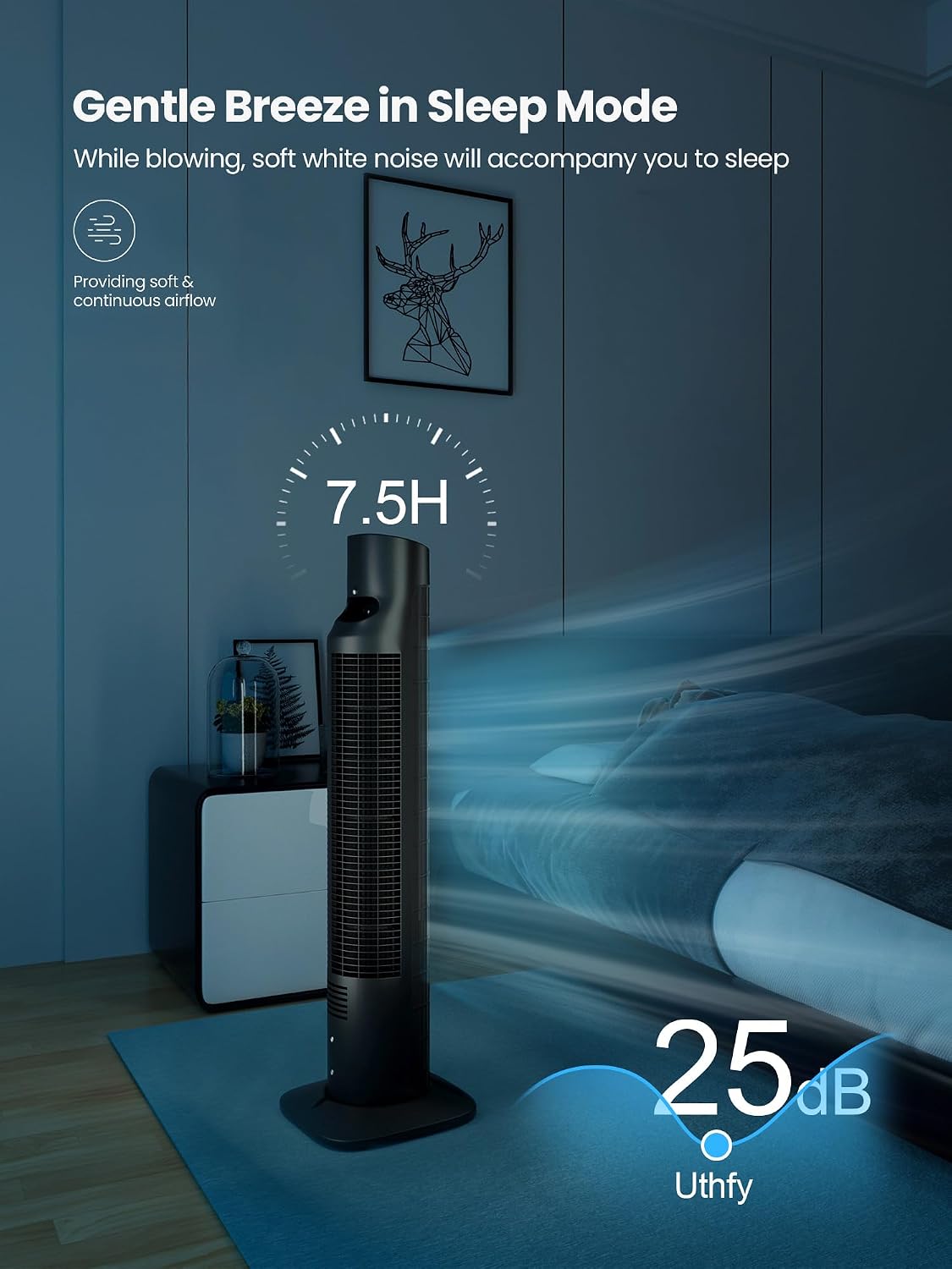 HKM-4345171 Portable Oscillating Tower Fan with Remote, 120° Cooling, 3 Speeds & Modes, 7.5-Hour Timer, Quiet Operation, Black