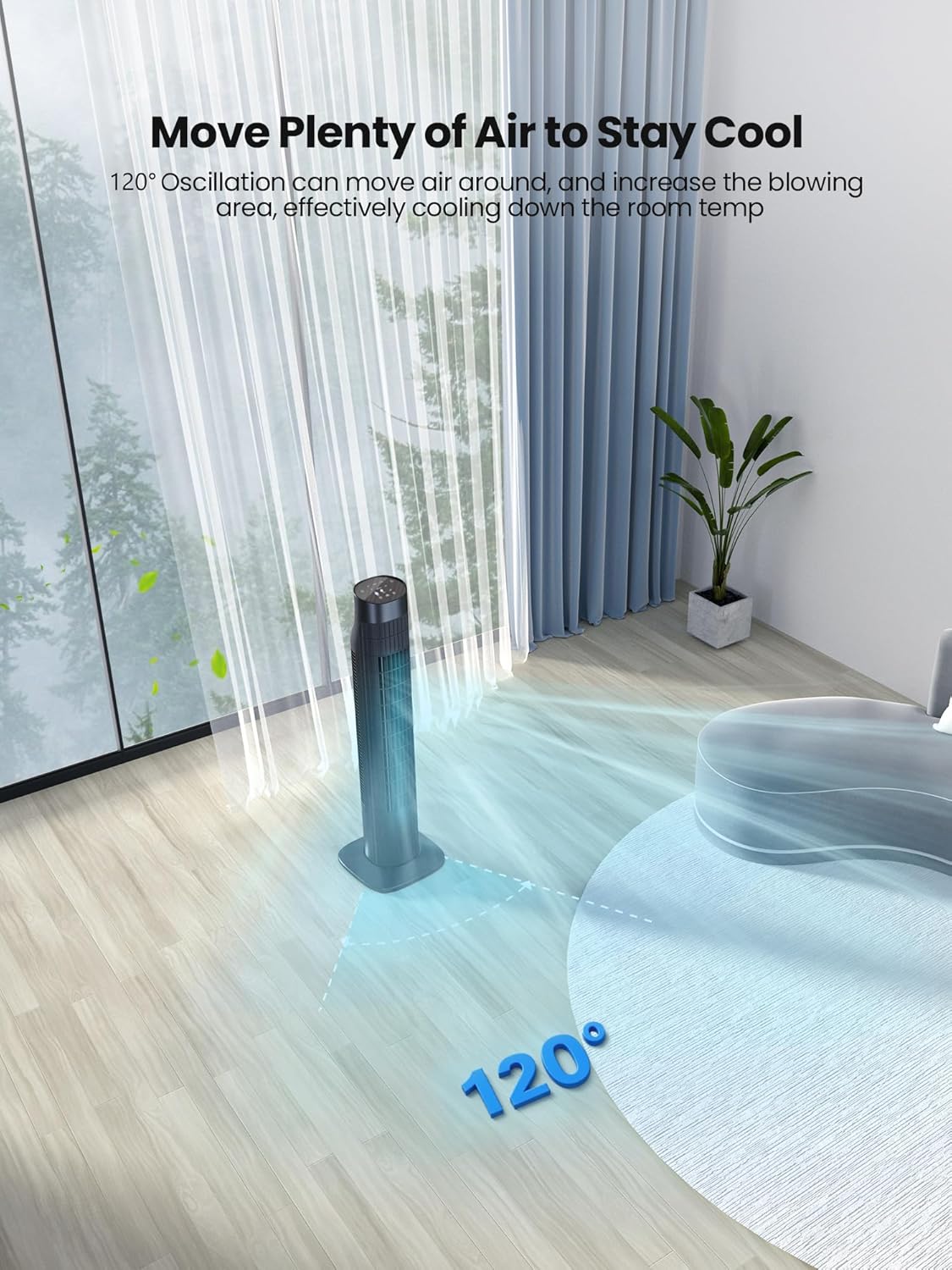 HKM-4345171 Portable Oscillating Tower Fan with Remote, 120° Cooling, 3 Speeds & Modes, 7.5-Hour Timer, Quiet Operation, Black