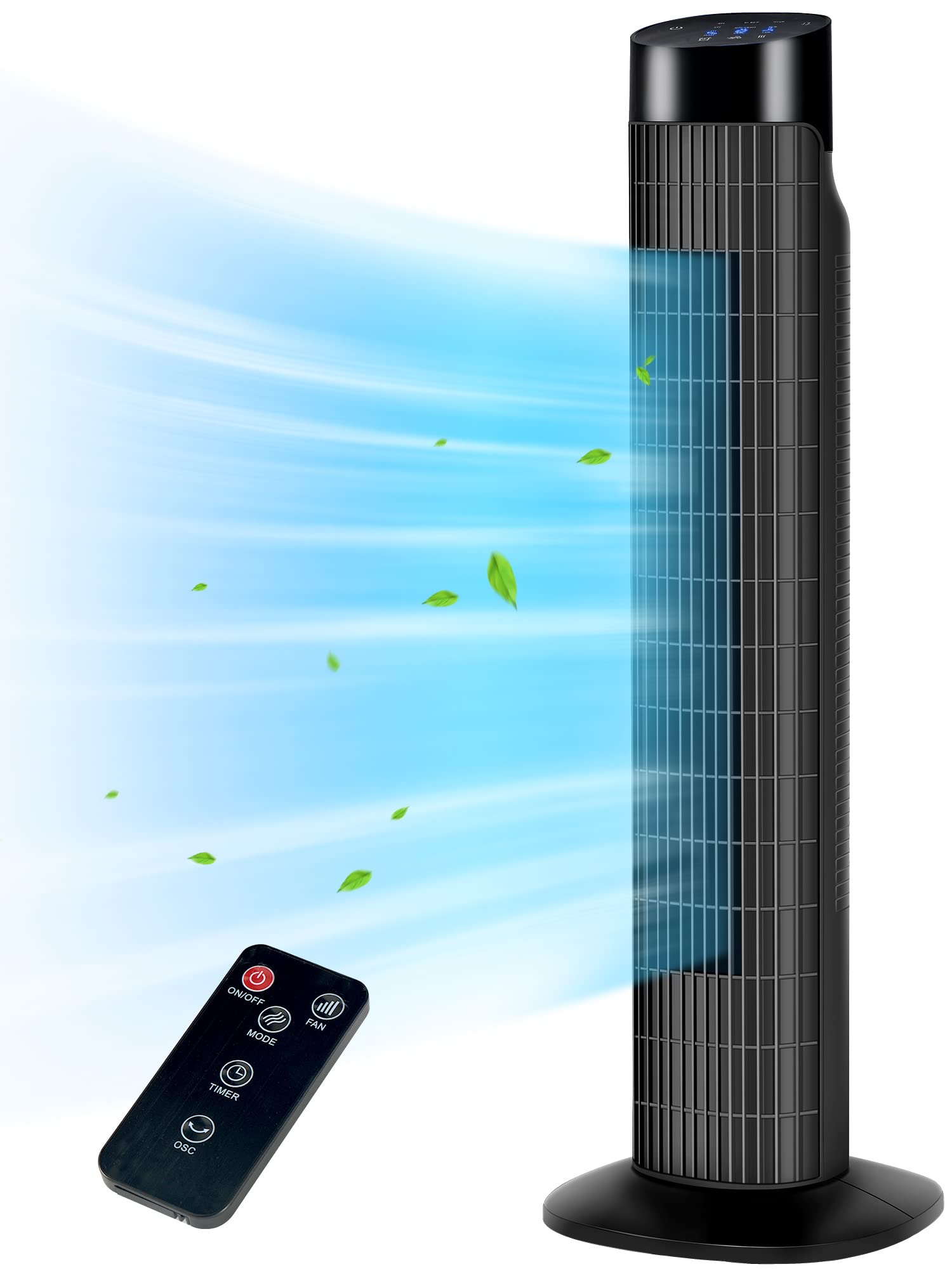 HKM-4345171 Portable Oscillating Tower Fan with Remote, 120° Cooling, 3 Speeds & Modes, 7.5-Hour Timer, Quiet Operation, Black