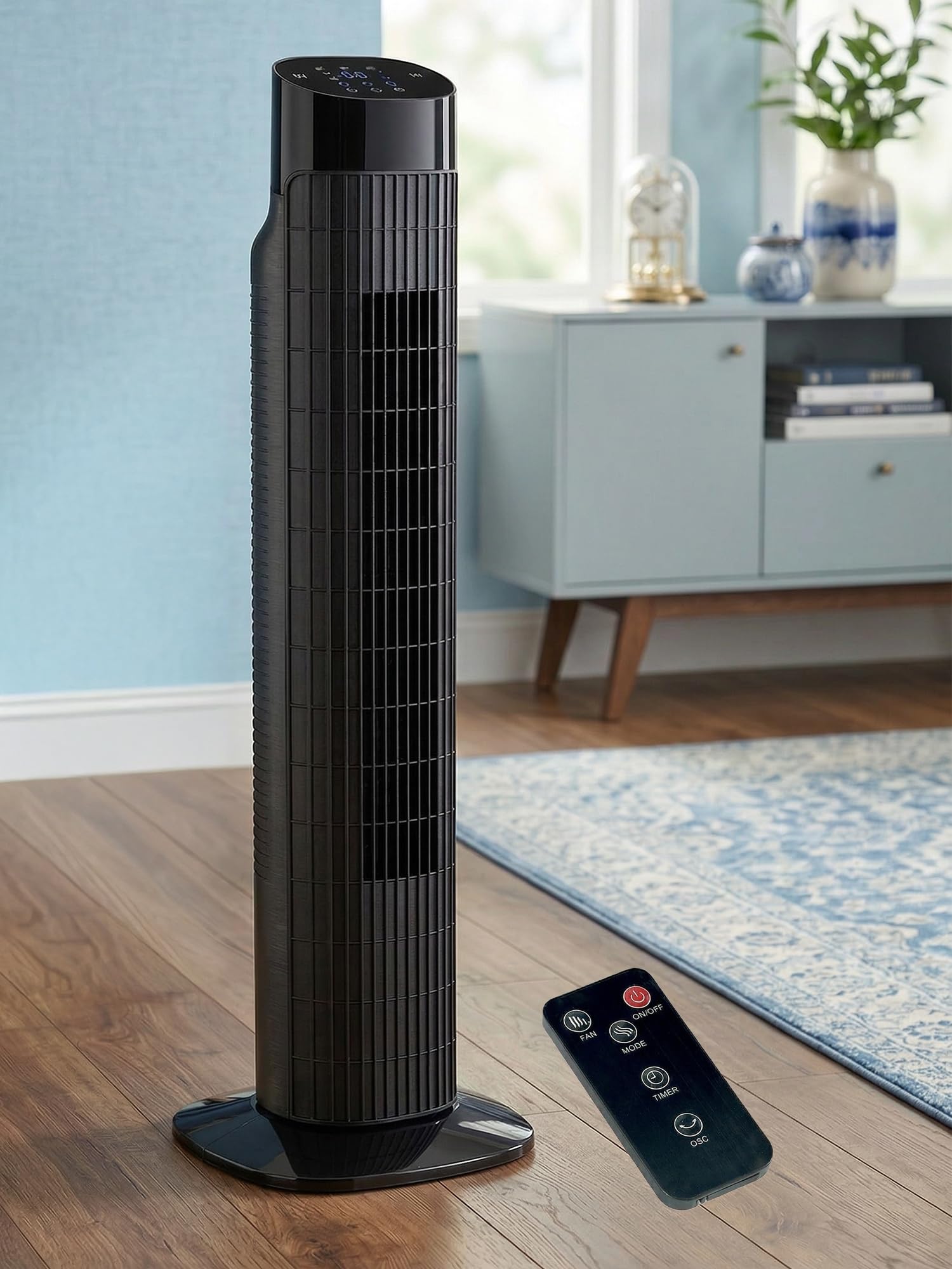 HKM-4345171 Portable Oscillating Tower Fan with Remote, 120° Cooling, 3 Speeds & Modes, 7.5-Hour Timer, Quiet Operation, Black