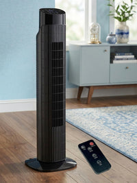 HKM-4345171 Portable Oscillating Tower Fan with Remote, 120° Cooling, 3 Speeds & Modes, 7.5-Hour Timer, Quiet Operation, Black