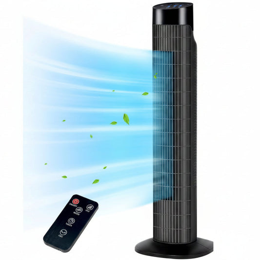HKM-4345171 Portable Oscillating Tower Fan with Remote, 120° Cooling, 3 Speeds & Modes, 7.5-Hour Timer, Quiet Operation, Black