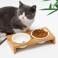HKM-4347837 Bamboo and Wood Ceramic Cat Bowl - American Style Double and Single Options