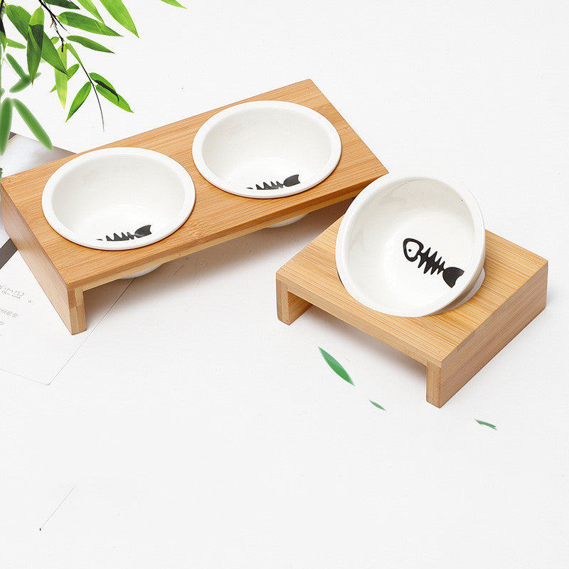 HKM-4347837 Bamboo and Wood Ceramic Cat Bowl - American Style Double and Single Options