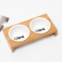 HKM-4347837 Bamboo and Wood Ceramic Cat Bowl - American Style Double and Single Options