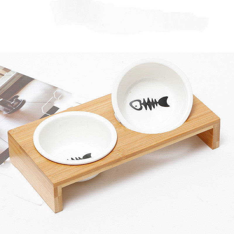 HKM-4347837 Bamboo and Wood Ceramic Cat Bowl - American Style Double and Single Options