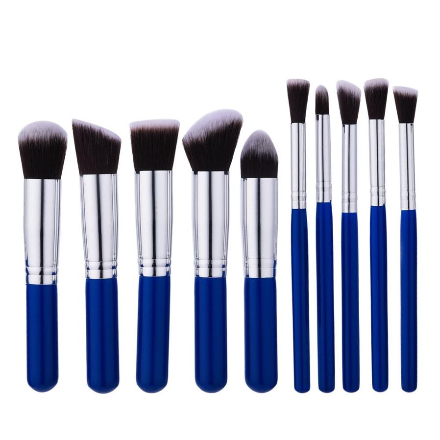 HKM-434899 10-Piece Portable Blue Nylon Makeup Brush Set with Wooden Handles