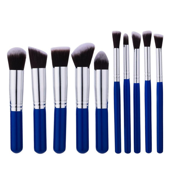 HKM-434899 10-Piece Portable Blue Nylon Makeup Brush Set with Wooden Handles