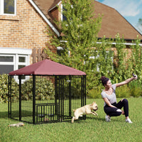 HKM-4351293 Spacious Welded Wire Outdoor Dog Kennel with Adjustable Bowl Racks and Waterproof Cover, 4.6' x 4.6' x 5'