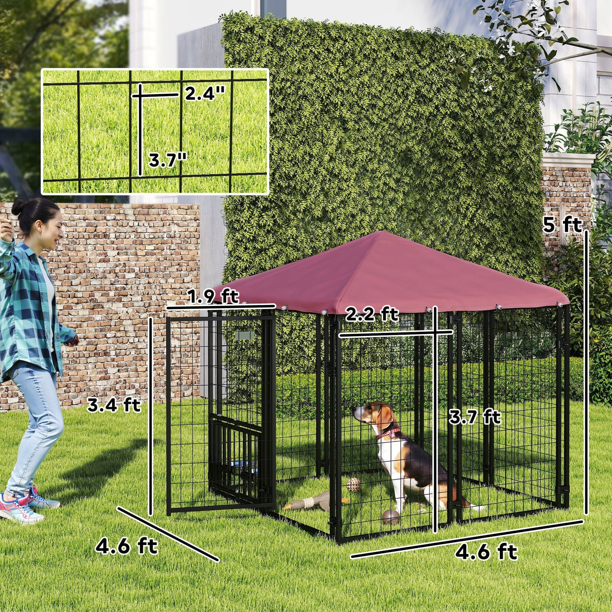 HKM-4351293 Spacious Welded Wire Outdoor Dog Kennel with Adjustable Bowl Racks and Waterproof Cover, 4.6' x 4.6' x 5'