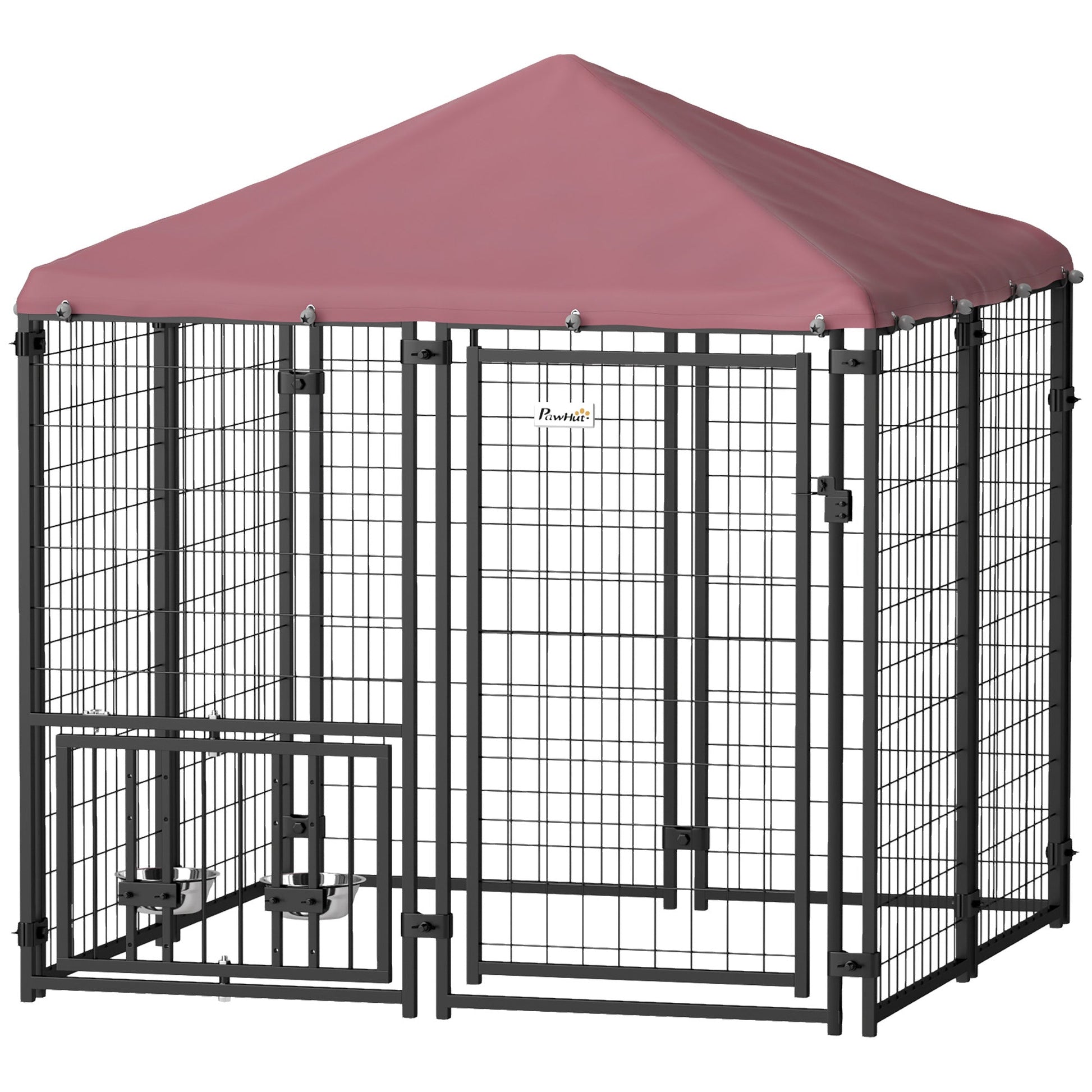 HKM-4351293 Spacious Welded Wire Outdoor Dog Kennel with Adjustable Bowl Racks and Waterproof Cover, 4.6' x 4.6' x 5'