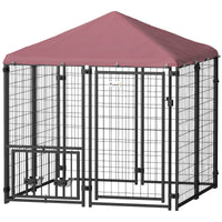 HKM-4351293 Spacious Welded Wire Outdoor Dog Kennel with Adjustable Bowl Racks and Waterproof Cover, 4.6' x 4.6' x 5'