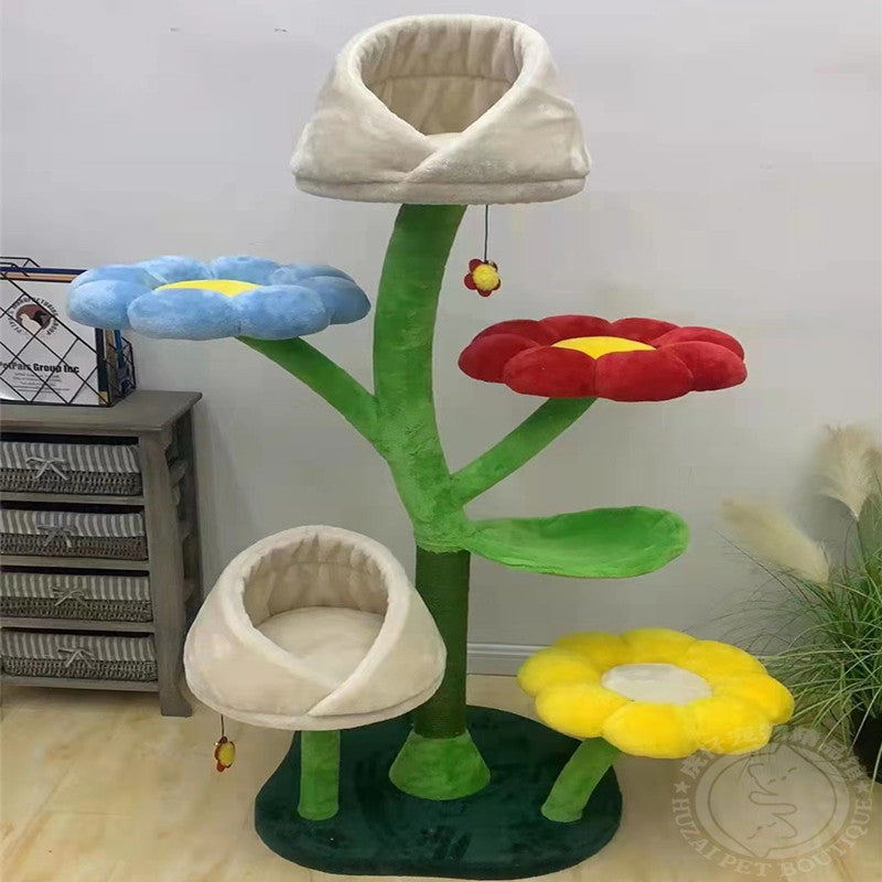 HKM-4355005 Flower-Shaped Integrated Climbing Frame for Cats with Grasping Board and Plush Base
