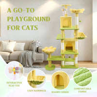 HKM-4356669 71 Inch Cat Tree with Large Condo, Removable Flower Cushions, and Hammock - Yellow