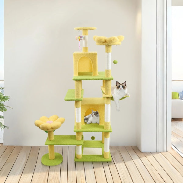 HKM-4356669 71 Inch Cat Tree with Large Condo, Removable Flower Cushions, and Hammock - Yellow