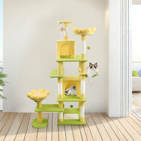 HKM-4356669 71 Inch Cat Tree with Large Condo, Removable Flower Cushions, and Hammock - Yellow