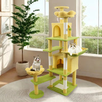 HKM-4356669 71 Inch Cat Tree with Large Condo, Removable Flower Cushions, and Hammock - Yellow