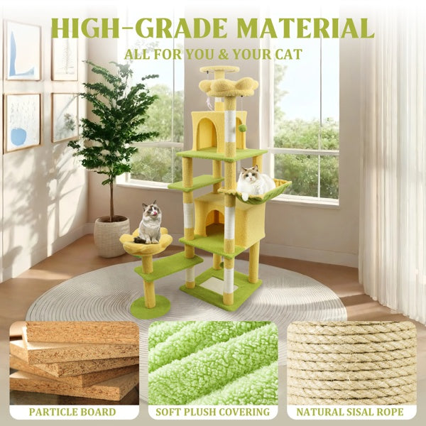 HKM-4356669 71 Inch Cat Tree with Large Condo, Removable Flower Cushions, and Hammock - Yellow