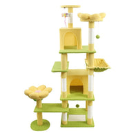 HKM-4356669 71 Inch Cat Tree with Large Condo, Removable Flower Cushions, and Hammock - Yellow