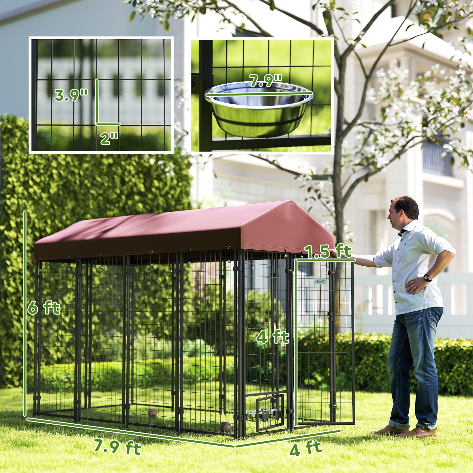 HKM-4357053 Spacious Outdoor Dog Kennel with Rotating Bowl Holders and Waterproof Cover, 8' x 4' x 6', Red
