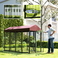 HKM-4357053 Spacious Outdoor Dog Kennel with Rotating Bowl Holders and Waterproof Cover, 8' x 4' x 6', Red