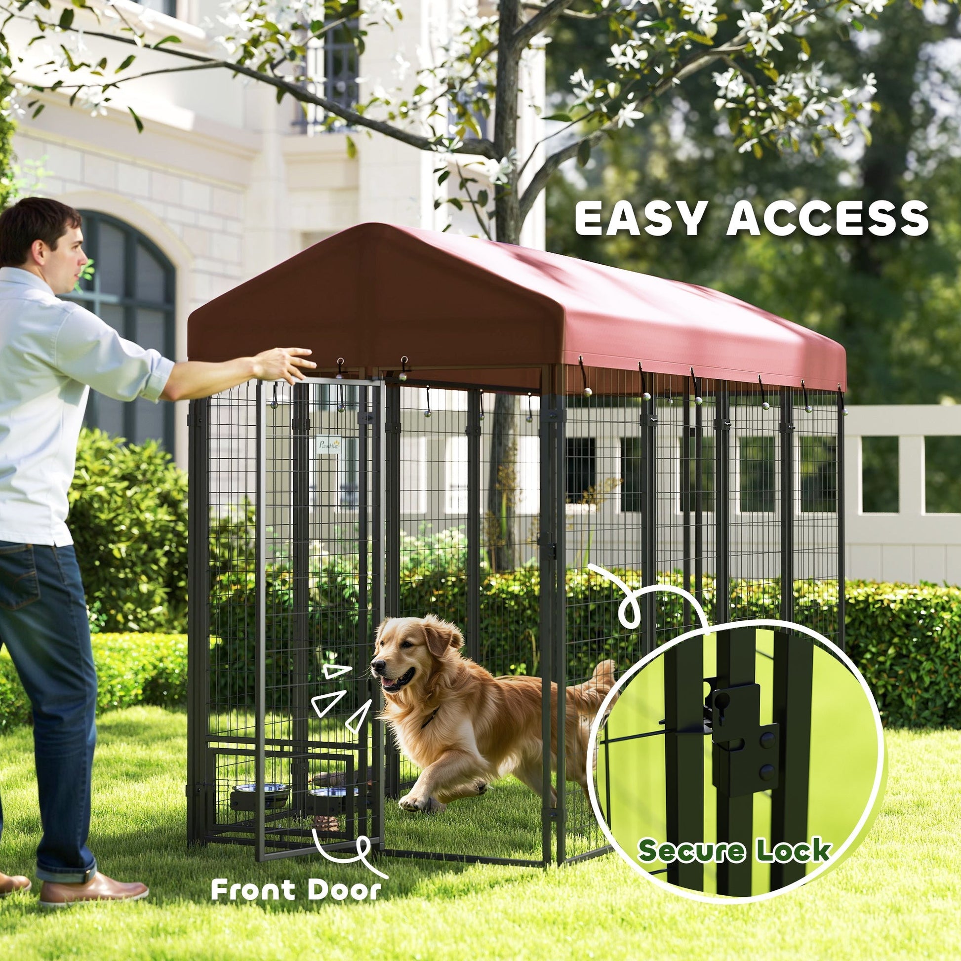 HKM-4357053 Spacious Outdoor Dog Kennel with Rotating Bowl Holders and Waterproof Cover, 8' x 4' x 6', Red