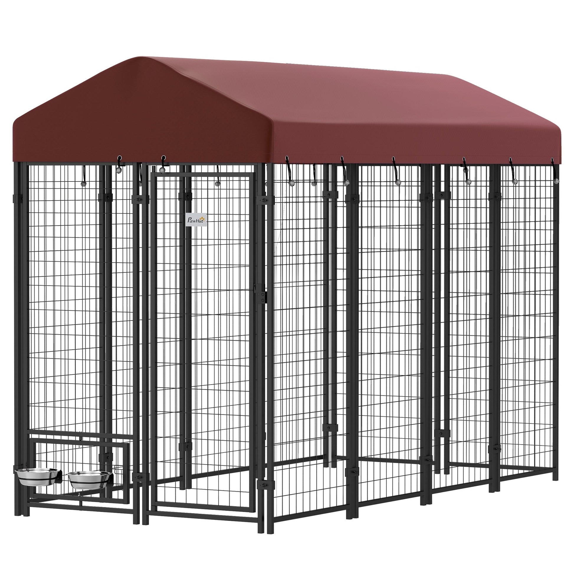 HKM-4357053 Spacious Outdoor Dog Kennel with Rotating Bowl Holders and Waterproof Cover, 8' x 4' x 6', Red