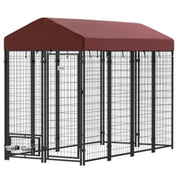 HKM-4357053 Spacious Outdoor Dog Kennel with Rotating Bowl Holders and Waterproof Cover, 8' x 4' x 6', Red