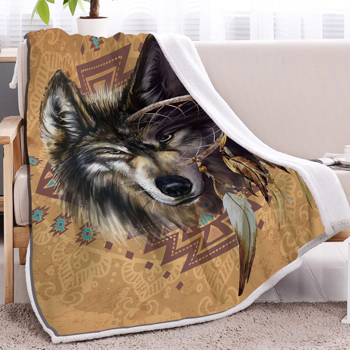 HKM-435987 Cozy Sherpa Fleece Blanket with Fluffy Wolf Head Pattern for Adults and Kids
